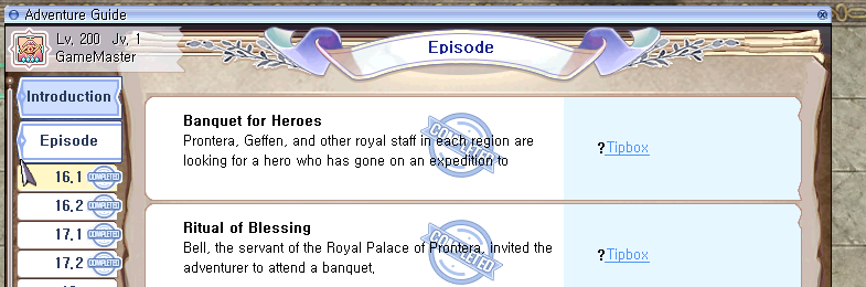 Adventure Guide Episode progression screen