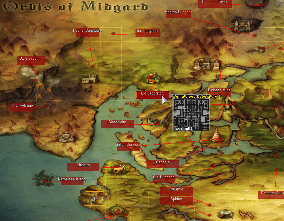 Ragnarok world map with dungeon destinations